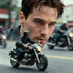 beautiful hyperrealism three point perspective film still of keanu reeves as neo in a motorcycle chase scene in matrix ( 1 9 9 0 ) extreme closeup portrait in style of 1 9 9 0 s frontiers in miniature street photography seinen manga fashion edition, miniature model, focus on face, eye contact, tilt shift style scene background, soft lighting, kodak portra 4 0 0, macro, cinematic style by emmanuel lubezki