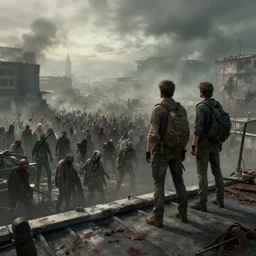 Two survivors standing on a rooftop looking at the zombie horde, trending on artstation, matte painting, hyperrealistic, 4k