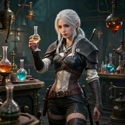 cyberpunk alchemy laboratory full of potions, ciri from the witcher. stunning 3 d render, flesh texture, realistic, highly detailed attributes and atmosphere, dim volumetric cinematic lighting, 8 k octane detailed render, post - processing, masterpiece, rtx on, rendering on unreal engine