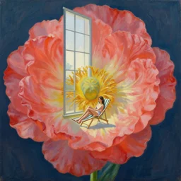closeup, huge flower head, a woman sitting on lounge chair by a tall window, surreal photography, studio light, impressionist painting, digital painting, artstation, simon stalenhag