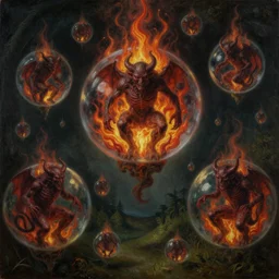 paradise with tiny floating cubic bubbles of hellish demons and flames, disturbing, uneasy, unsettling, by hieronymus bosch, trending on artstation, trending on nightcafe, by alexander fedosa oil on canvas