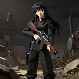 Anime Major motoko kusanagi in all black uniform wielding a rifle, low poly
