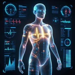 human performance, wireframe body, glowing vector, biosensors,, electrocardiograph, temperature, eye tracking, detailed, octane render, global illumination, future science, gauges and dials, graphs, blender, unreal 4