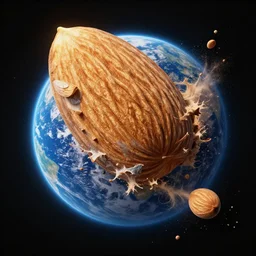 a gigantic almond crashing into the planet earth