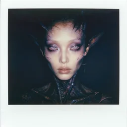 grainy color polaroid of a beautiful feminine alien being consumed by darkness, iridescent eyes, dreamlike, digital art, intricate detail, sigma 85mm f/1.4, 4k, hd
