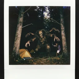night time picture of terrifying woodland creature with lots of arms teeth and hair attacking campers, polaroid photos, tra camera photo, strange creatures hiding in the woods, no sun, no dof