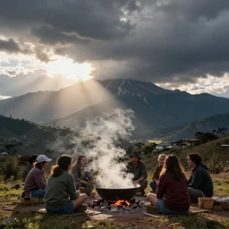 argentinian mate, photorealistic, steaming hot, outdoors, with friends