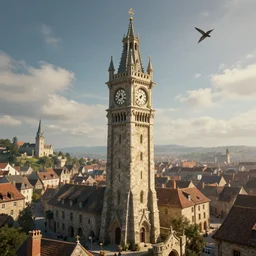 tall stone clock tower flying above a medieval town, fantasy, hyperdetailed, artstation, cinematic lighting, digital art, 8 k