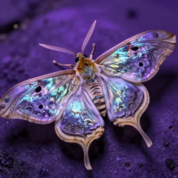 high quality close-up photo pearlescent moth! jeweled gorgeous! highly detailed david ligare elson peter cinematic purple neon lighting high quality low angle hd 8k sharp shallow depth of field