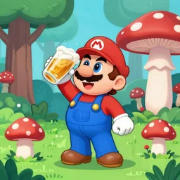 beer in bottle, drunk mario drinks beer in forest with mushrooms and big fly agaric, 8 bit