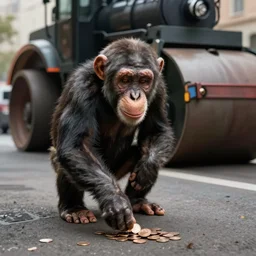 a chimpanzee picking up pennies in a street with a large steamroller in the background, dramatic lighting, highly detailed digital painting