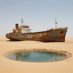 an abandoned rusty cargo ship in the desert, in the foreground a small oasis. extremely detailed line art and watercolor by kim jung gi, wide view, rule of thirds