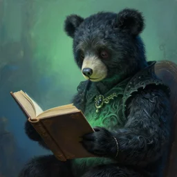 painting of a teddy bear reading from a book, creepy, intricate, fantasy, d & d, elegant, highly detailed, digital painting, artstation, concept art, smooth, sharp focus, illustration, black and green and blue color scheme