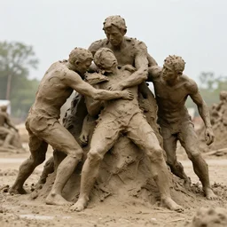 mud sculpture of struggling humanity