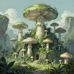 a futuristic mushroom city, stone and jungle vegetation, green and white mushrooms, fantasy painting, concept art, illustration