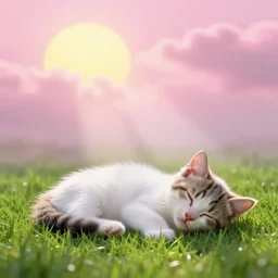 kitten sleeping on the green grass pink clouds backlit by yellow sun, nostalgic, calming, aesthetic, volumetric fog, godrays, high contrast, high contrast, high contrast, vibrant colors, vivid colors, high saturation, by Greg Rutkowski and Jesper Ejsing and Raymond Swanland and alena aenami, featured on artstation, wide angle