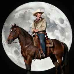 anton lavey wearing a cowboy hat, riding a horse on the moon