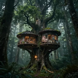 a scifi tree house in a dark dystopia forest