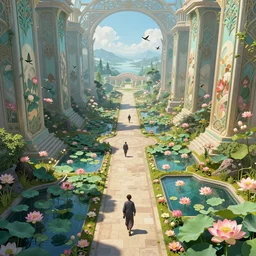 path thru flower valley with little lotus ponds, birds eye, vista view, peter mohrbacher, vladimir kush, michael whelan, bill stoneham, tsutomu nihei, jane graverol, kay sage, digital art, airbrush, art nouveau, intricate, clear, looming, epic, depth, artstation, highly detailed, blender, Unreal Engine, octane render, vray, 8k