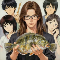a handsome young guy with very long brownish! hair, with nerdy glasses holding a flounder fish! painting by yoji shinkawa, alphonse murac, craig mullins, sui ishida, yoshikata amano, collaborative painting, very detailed and high quality, 4 k, 8 k, artstation