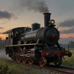 a matte painting of steam machine in summer, matte painting, dusk, drama, by rozalski and peter ilsted, artstation