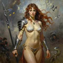 A beautiful oil painting of a pretty  girl in bikini armor, by Lucas Graciano, Frank Frazetta, Greg Rutkowski, Boris Vallejo, epic, fantasy, character art, high fantasy