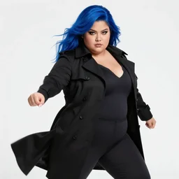 thick chubby filipina superhero, beautiful face, intense eyes, bright blue hair, long black trench coat, fully clothed, action pose, comic book style, highly detailed, dynamic shadows, dynamic lighting, geoff johns, jason fabok, jason fabok, brad anderson, splash art