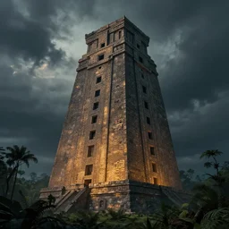 A hyper realistic matte painting of a massive epic aztek tower with glowing engraved runes and dark windows an ominous sky an eerie jungle at twilight by keith parkinson, Christophe Vacher and Gregory Crewdson. Subject in view, golden ratio composition, moody volumetric lighting, very wide shot, f11:10, trending on artstation and cgsociety
