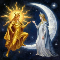 sun king and moon prince in the cosmic court of mystical astronomy, art by james c. christensen and gerald brom