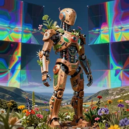 a complex hybrid humanoid cyborg with complex details built with cybernetic material and wood, herbs and multicolored flowers, hyperspectral imaging, multispectral imaging, perspective, colorful, spectral color, refractive