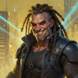 an intimate portrait of a gnarly human cyberpunk captain, old skin, dreadlocks, friendly, charming, strong leader, a look of cunning, big smile, detailed matte fantasy painting, golden cityscape, lasers, sparks, yellow and blue and cyan
