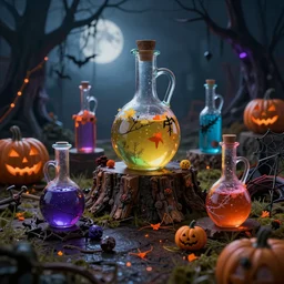 halloween festival with colorful potions, hyper realistic