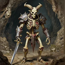 A spiked horned semiork-semihuman skeleton with armored joints stands in a large cave with sword in hand. Mirror selfie. Massive shoulderplates. Extremely high detail, realistic, fantasy art, solo, masterpiece, bones, ripped flesh, saturated colors, art by Zdzisław Beksiński, Arthur Rackham, Dariusz Zawadzki