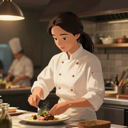 animation frame of an attractive female chef ( long dark hair tied in a ponytail ) cooking a meal, closeup portrait, ( ( wholesome, ) ) blurry background of the kitchen of a highend restaurant, bloom, medium shot, waist up, dramatic lighting, in the style of studio ghibli, j. c. leyendecker, greg rutkowski, artgerm