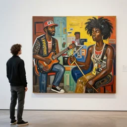 a urban raoul marks and hieronymus bosch and basquiat painting of all latin and afro music movement as the garden of earthly delights. urban nyc themed, rap and hip hop culture, wes anderson cinematography