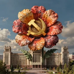 colossal grotesque flower made from communist dreams in the middle of abandoned post soviet constructivist cityscape, Stalinist architecture, ultradetailed by Hayao Miyazaki and Josan Gonzalez and Makoto Shinkai and Giuseppe Arcimboldo and Wes Anderson