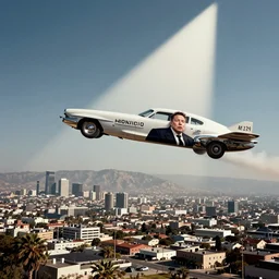 hindenburg with elon musk graffiti flying over los angeles in the 1950s