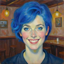 a beautiful painting of a smiling woman with stylish short blue hair and sparkling blue eyes, background is a rustic saloon, representative of the art style of artgerm and wlop and peter mohrbacher