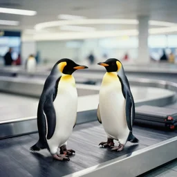 two penguins in airport baggage claim area, conveyor belt. ektachrome,