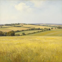 a low land of rolling pastures and farms, yellow grass, by asher brown durand and chesley bonestell