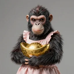 a photorealistc ape character wearing dress, holding a yuanbao in her arms