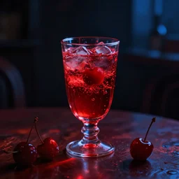 photorealistic digital painting of a glass of cherry soda, very dim red lights, very dim blue lights, very dark room, dark background