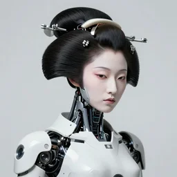 fine art portrait head shot minimal geisha cyborg mech by ilm and bill sienkiewicz and emmanuel shiu, zaha hadid, simplified neo - futuristic tactical, coy posed feminine, studio, mamiya 6 5 mm photograph, iso 4 0 0, f / 5. 6, hyperrealism, studio lighting, high detail, sharp focus, trending artstation, cgsociety