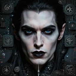 vampire with black eyes, highly detailed facet, magick, technology, sigils, circuit board setting, rutkowski,