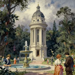 neoclassical tower with dome on the forest next to a fountain, fantasy. intricate, amazing composition, colorful watercolor, by ruan jia, by maxfield parrish, by marc simonetti, by hikari shimoda, by robert hubert, by zhang kechun, illustration, gloomy