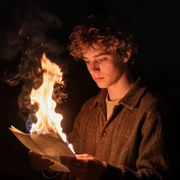 french person, setting paper on fire, black background