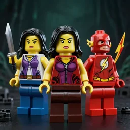 lego of she hulk attorney at law and the flash, octane render, artistic, cinema 4 d, dark horror