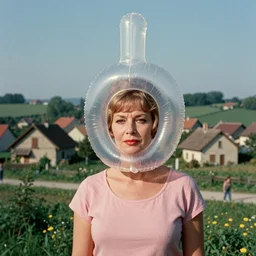 1976 glamorous middle aged woman wearing a transluscent inflatable toy head in a small European village 1976 French film archival footage technicolor film expired film 16mm Fellini new wave John Waters movie still