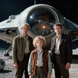 sharp, highly detailed, film from a sci fi movie, set in 1 9 8 4, a family standing in front of their spaceship that has just landed on an alien planet, all wearing 1 9 8 4 clothes, atmospheric lighting, in focus, reflective eyes, 3 5 mm macro lens, live action, nice composition