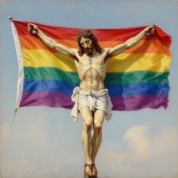 realistic old painting of jesus christ with pride flag
